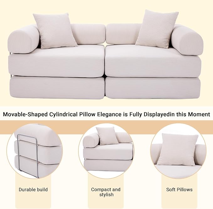 73 Convertible Sleeper Sofa Bed Corduroy Boneless Couch in a Box 4-in-1 Folding Mattress Loveseat Couch Comfy Modular Foldable Floor Sleeper Sofa with 2 Pillows and Fixed-Shape Frame (Beige 73)