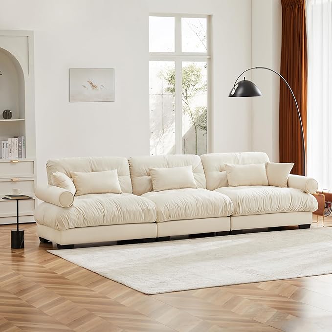 KEIKI 130 Oversized Velvet Modular Sectional Sofa with High-Density Foam Cushion and Bolstered Armrests Upholstered Modern Style 3-Seater Cloud Couch with 5 Pillow for Apartment Living Room Cream