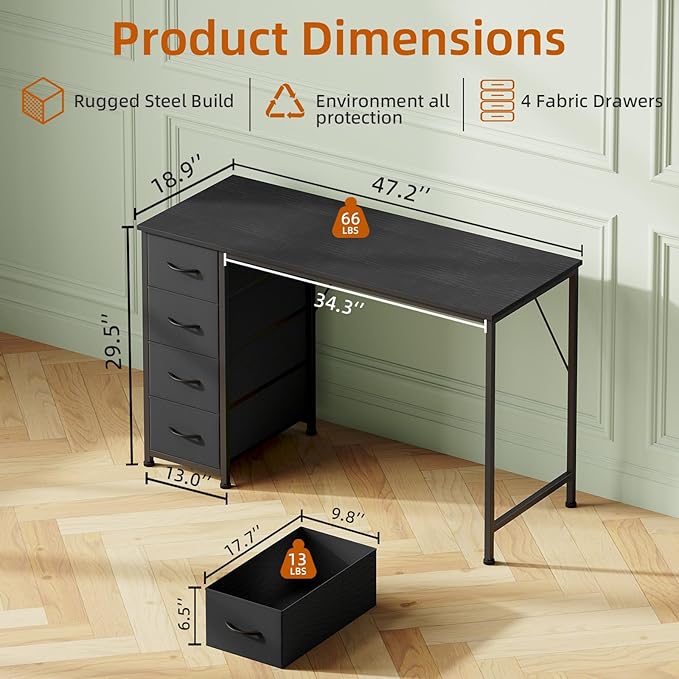 Somdot 47 Computer Desk with 4 Drawers for BedroomSimple Home Office Writing DeskGaming Table with StorageModern Work for Home Office Study Living RoomBlack
