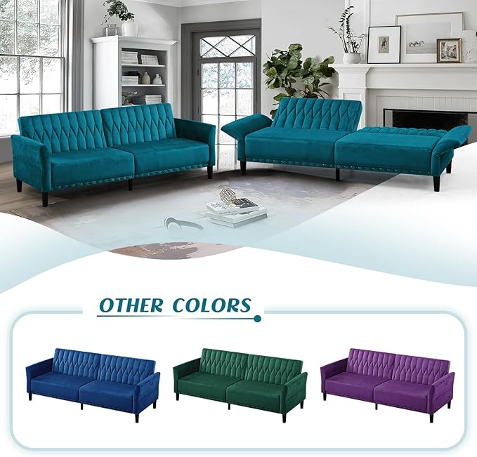 77 Inches Velvet Tufted Sofa Bed w/Adjustable Backrests &amp Armrests Convertible Sleeper Sofa w/Nailhead Trim Modern Loveseat Couch with Sturdy Legs for Living RoomOfficeTeal