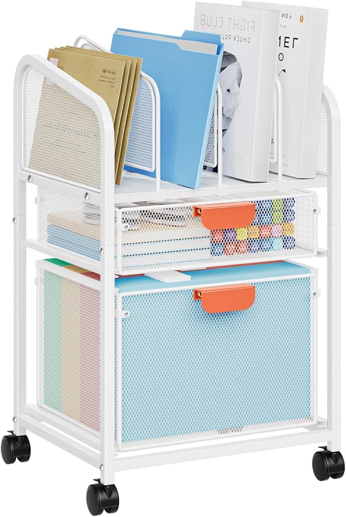 Marbrasse Rolling File Cart with Adjustable Dividers Mobile File Cabinet on Lockable Wheels Office Filing Cabinet Organizer Hanging File Folder Organizer for Home Office - White