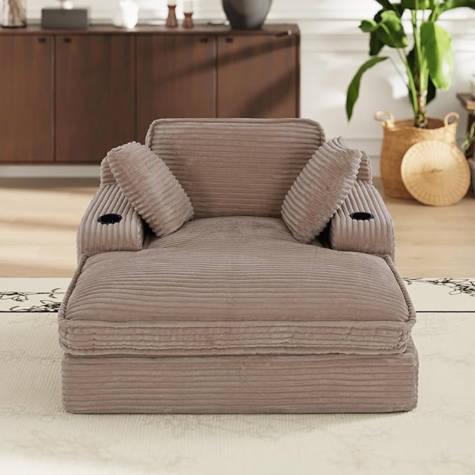 67 Chaise Lounge Chair Indoor Cozy Oversized Fluffy Sofa with Cup Holders &amp Throw Pillows Boneless Sleeper Cloud Couch for Living Room Movie Room and Apartments Camel