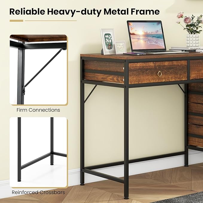 Tangkula Computer Desk with 5 Drawers 51 Home Office Desk with Printer Stand Metal Frame Study Writing Table Industrial Computer Workstation PC Desk for Bedroom Office Small Space Rustic Brown