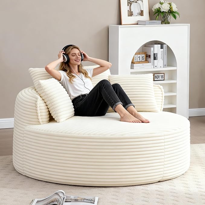Oversized Round Chair Lounge Chaise Indoor 53.5 Corduroy Boneless Round Chair Fluffy Single Deep Seat Cloud Sofa Chairs Modern Circle Chaise Lounge for Bedroom Living Room Beige White