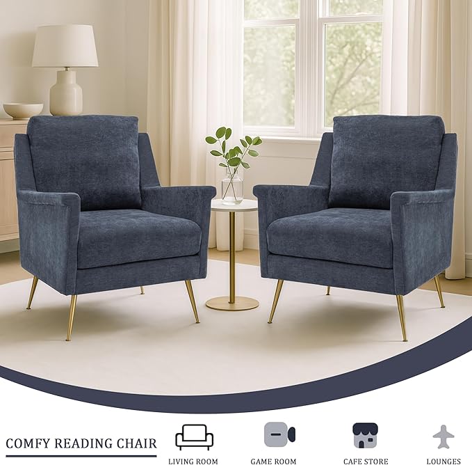 Accent Chair Set of 2 Mid Century Modern Living Room Chairs with Gold Metal Legs Navy Wingback Arm Chairs for Bedroom Performance Fabric