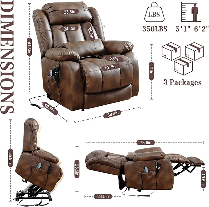 Infinite Position Lay Flat Lift Recliner Chair for Adults Dual Motor Power Lift Chair for Elderly with Massage &amp Heating Extended Footrest USB Ports Remote Control &amp Lumbar Pillow Leather