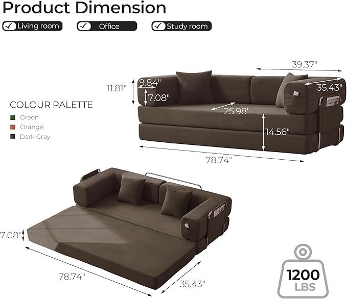 79 Convertible Sofa Bed with Pillows Corduroy Folding Sleeper Sofa with Fixed-Shape Frame Boneless Couch for Living Room Bedroom Floor Sofa Lounge No Assembly Required (Brown)