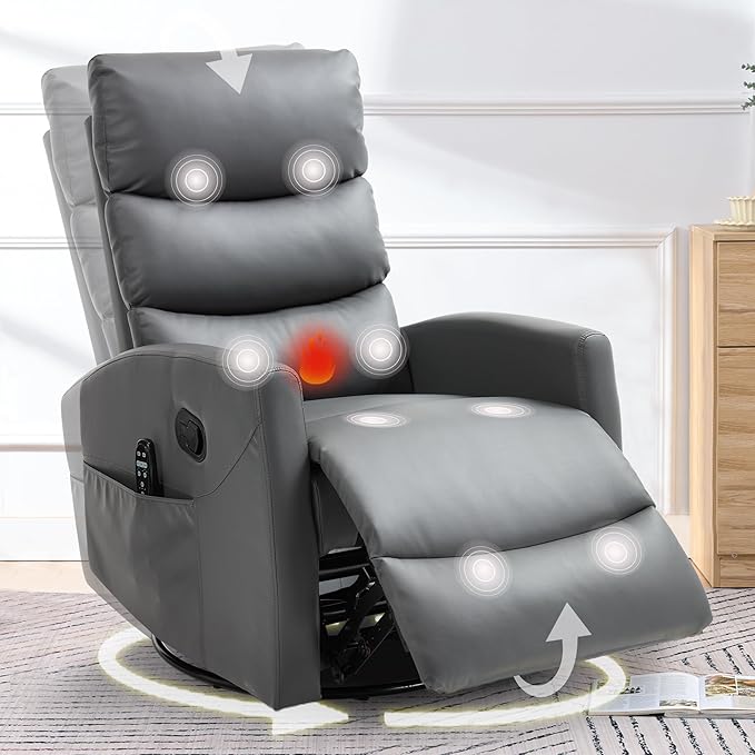 cinkehome Small Swivel Rocker Recliner Chair with Heated Massage Upholstered Nursery Glider Recliner Chair High Back Side Pocket (Grey PU Leather)