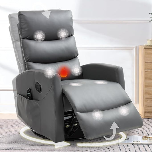 cinkehome Small Swivel Rocker Recliner Chair with Heated Massage Upholstered Nursery Glider Recliner Chair High Back Side Pocket (Grey PU Leather)