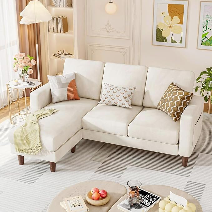 Homall Convertible Sectional Sofa 3 Seat L Shaped Couch with Side Storage Pocket Sofas with Movable Ottoman Small Linen Couches for Living Room &amp Apartment (Linen Fabric White)