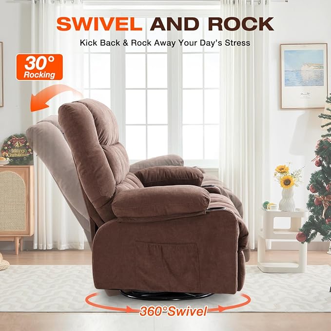 Swivel Recliner Chair for AdultsRocker Recliner with Vibration Massage and Lumbar HeatErgonomic Rocking Chair with Side Pocket2 Cup Holders for Living Room