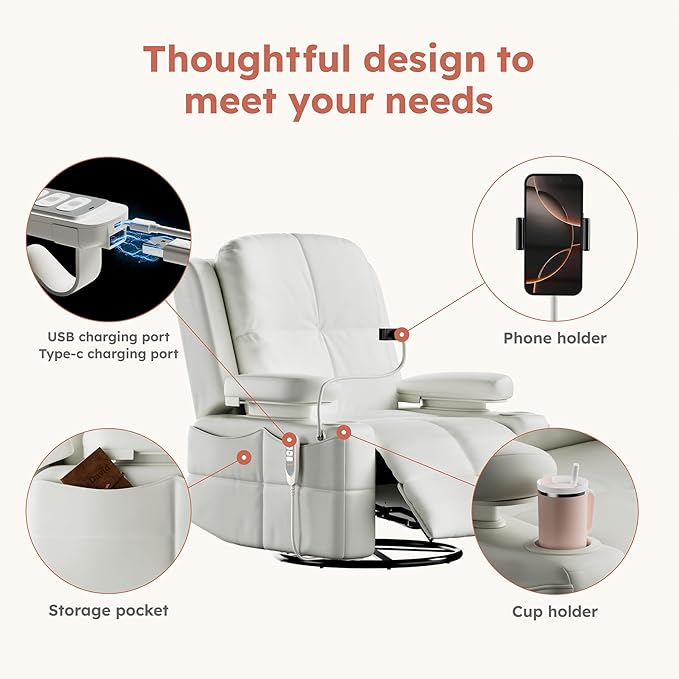 Triple Motor Power Swivel Rocker Recliner Chair with Adjustable Armrests for Adults Elderly FSC Certified Faux Leather Rocking Chair Nursery for Breastfeeding(White)