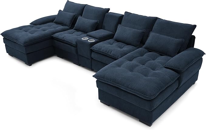 KEIKI 130 U-Shaped 6 seat Sofa with Storage Console Cup Holders Upholstered Sectional Sofa Button Tufted Cloud Cushion Couch for Home Office Apartment Blue