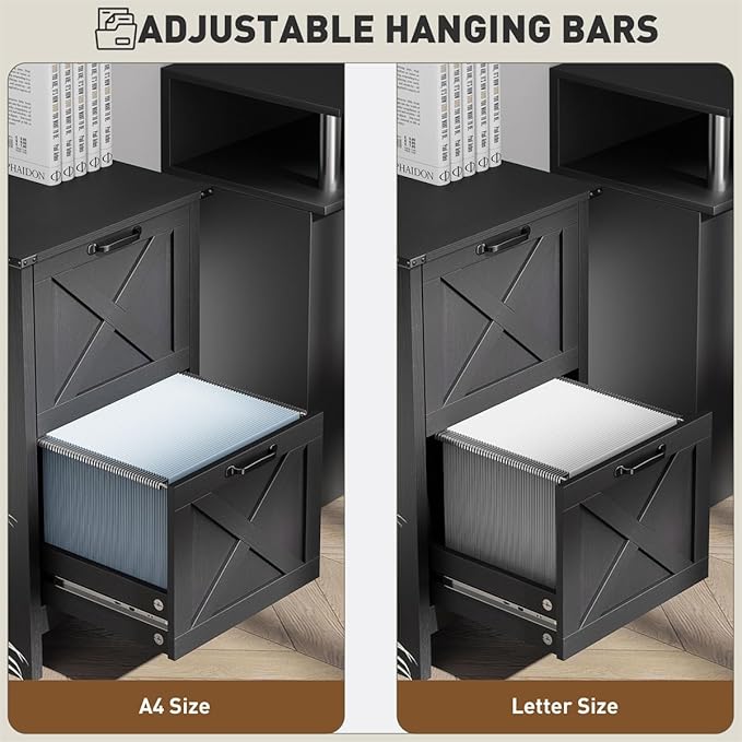 Modern File Cabinet with Barn Door Design for Home Office Storage – Two-Drawer Organizer with Smooth Gliding Slides and Safety Anti-Tip Feature