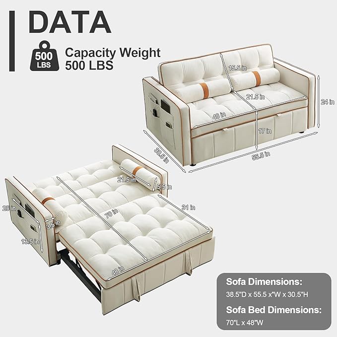 3-in-1 Convertible Sleeper Sofa Bed55.5 Modern Velvet Tufted Pull Out Couch BedFuton Small Love Seat Sofa with Adjustable Backrest&ampCylinder Pillows for Living RoomBedroomApartment(Beige)