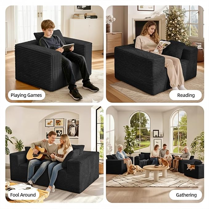 3-Seater Deep-Seat Corduroy Lounge Sleeper Sofa - No Assembly Frameless Foam Cloud Couch for Living Room Bedroom Apartment Dorm Office