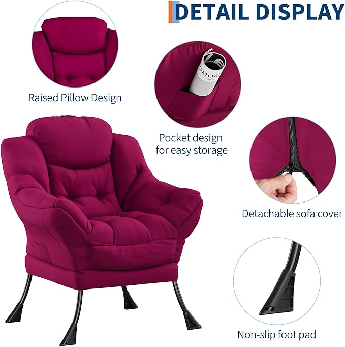 Modern Comfy Lazy Accent Chair with Side Pocket - Large Lounge Armchair for Living Room Bedroom Dorm Office - Perfect Leisure Sofa Reading Chair - Color: System Default_5