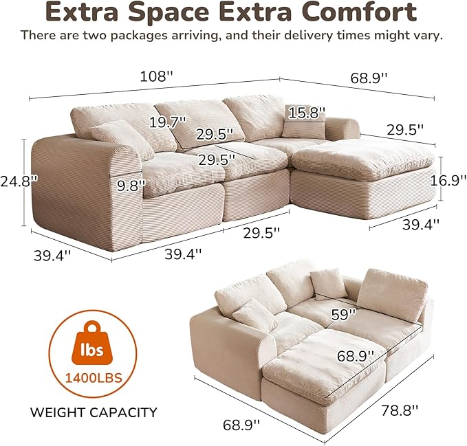 108 Cloud Sectional Couches for Living Room Convertible L-Shape Boneless Couch with Ottoman 4 Seater Modular Cloud Sofa with Deep Seat (Beige3 Seater + 1 Ottoman)