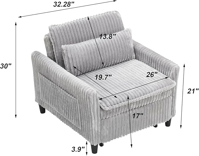 3-in-1 Convertible Sofa Chair BedPull Out Couch Single Sleeper Chair Bedwith Adjustable Backrest with Side Pockets Lounge Sofa for Living Room Bedroom Small Spaces (Gray)