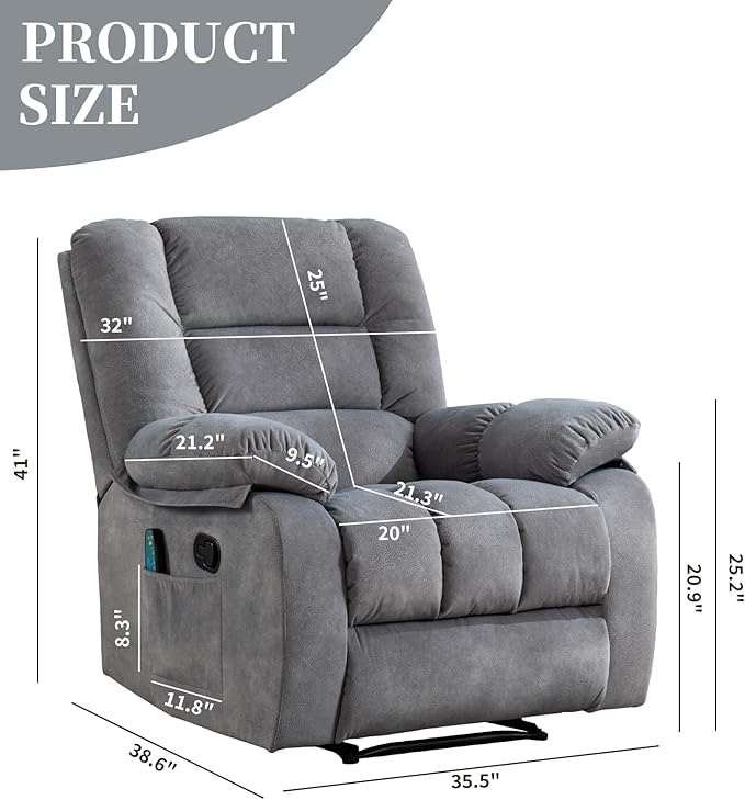 Massage Recliner Chair with Heat and Massage Ergonomic Overstuffed Breathable Fabric Reclining Chairs Single Sofa Chair with Side Pockets for Living Room Home Theater (L-Gray)
