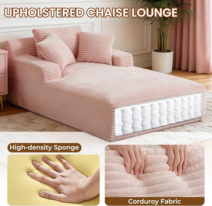 Avenix 79” Oversized Chaise Lounge Chairs Indoor Corduroy Boneless Chaise Lounges Chairs Indoor Deep Seat Big Comfy Reading Chair Cloud Sleeper Chair Sofa Couch Bed for Living Room Pink