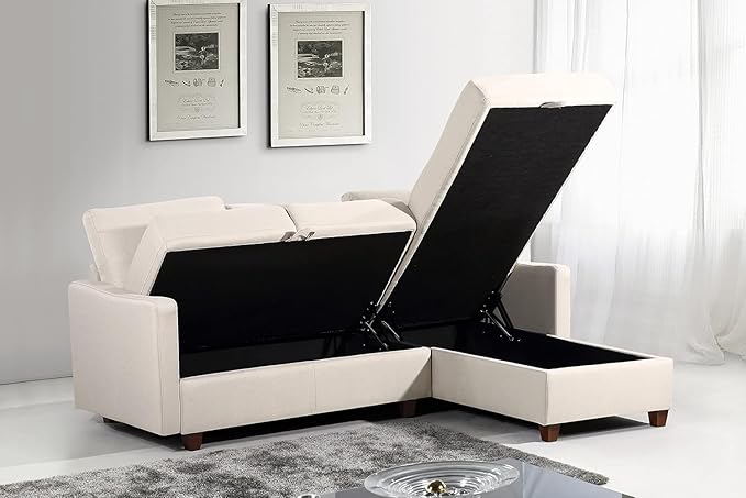 Sectional Sofa with Storage – Modern Upholstered Living Room Couch Reversible Chaise for Home Apartment Office 81.9” L Beige