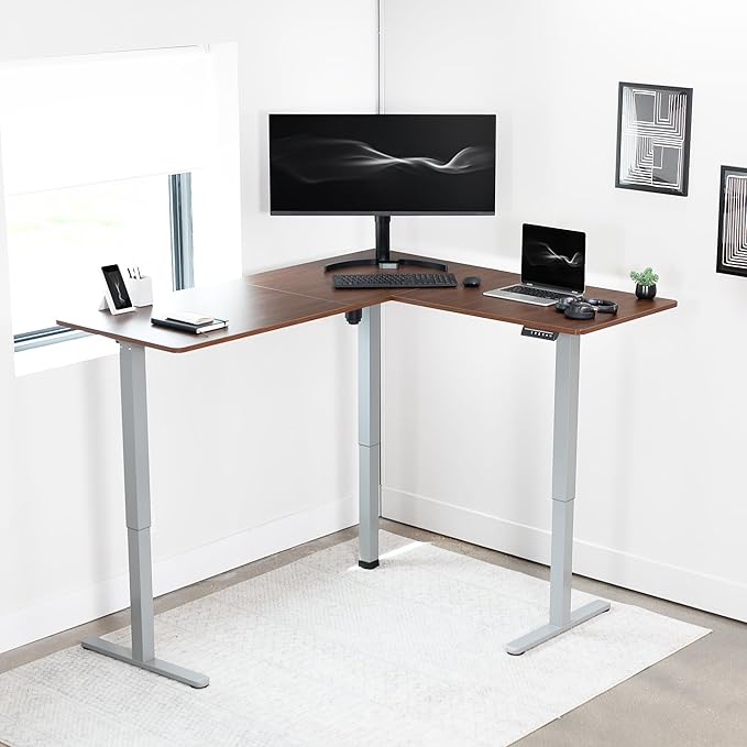 VIVO Corner Standing Desk 63 x 55 inch Reversible L-Shaped Workstation Electric Height Adjustment Home Office and Reception Rooms Dark Walnut Table Top Gray Frame DESK-E3CTGD