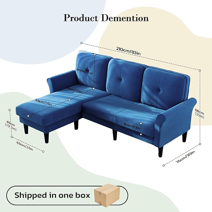 Sofas for Living Room 83 Velvet Sectional Couch with Moveable Ottoman Midcentury Modern Small Sectional Couch L Shape Sofa &amp 3 Seater Couches for Living Room Apartment Bedroom Blue