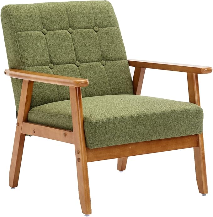 Leisure Chair with Solid Wood Armrest and Feet Mid Century Modern Accent Chair for Living Room Bedroom Studio Chair