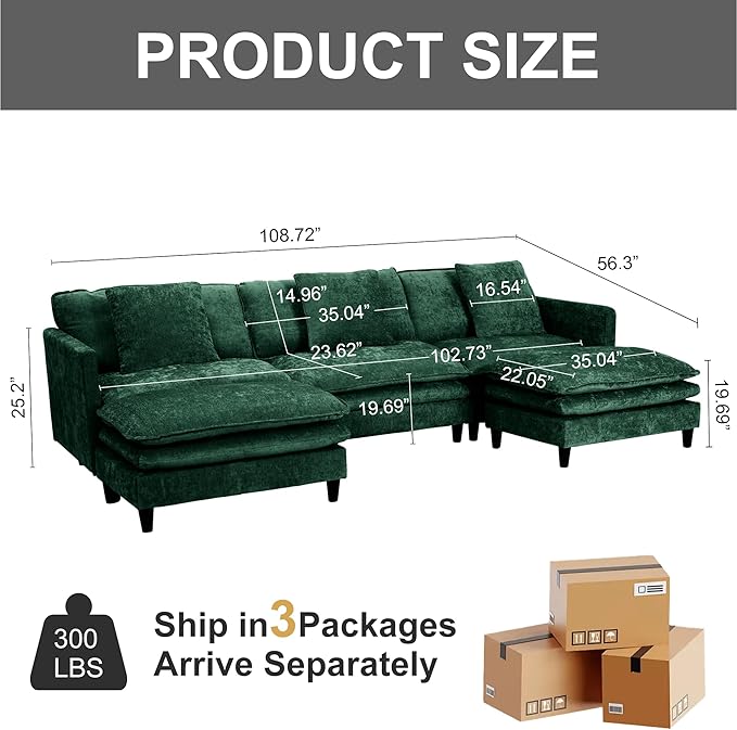 Modular Sectional Sofa143.31'' Modern Sofa Sleeper CouchComfy Cloud Couches with 3 Seat &amp 2 Ottoman &amp 3 Pillows Sofa SetDeep Seat Sofa with Movable Ottoman for Living RoomChenille(Green U