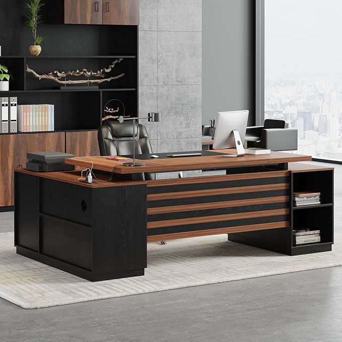 Executive L-Shaped Desk with Storage Cabinet 78-Inch Large Home Office Desks with Power Outlet and Lateral File Cabinet Modern Computer Desk with Drawers and Open Shelf Brown Black