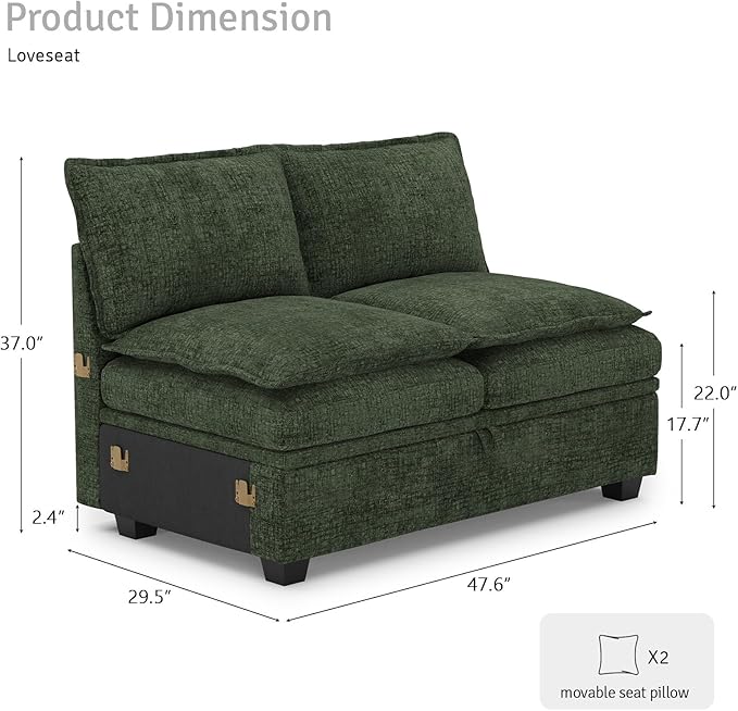 Belffin Double Seat Module 2-Seater Sofa with Storage for Chenille Modular Sectional Sleeper Sofa Pullout Couch Green