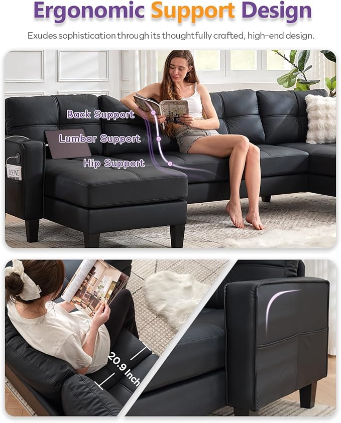 TYBOATLE 116’’ W Black Faux Leather Sectional w/USB and Cup Holders for Living Room Comfy Tufted U Shaped Sofa Couch w/Chaise Lounge Office Leather Sofa for Bedroom