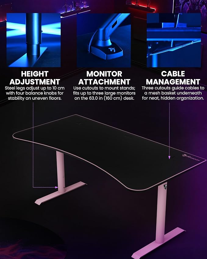 Arozzi Arena Large Gamer Desk - 63x32” Adjustable Height PC Gaming Desk with Storage for Cables &amp Triple-Monitor Support - Full-Surface Washable Mousepad - Pink