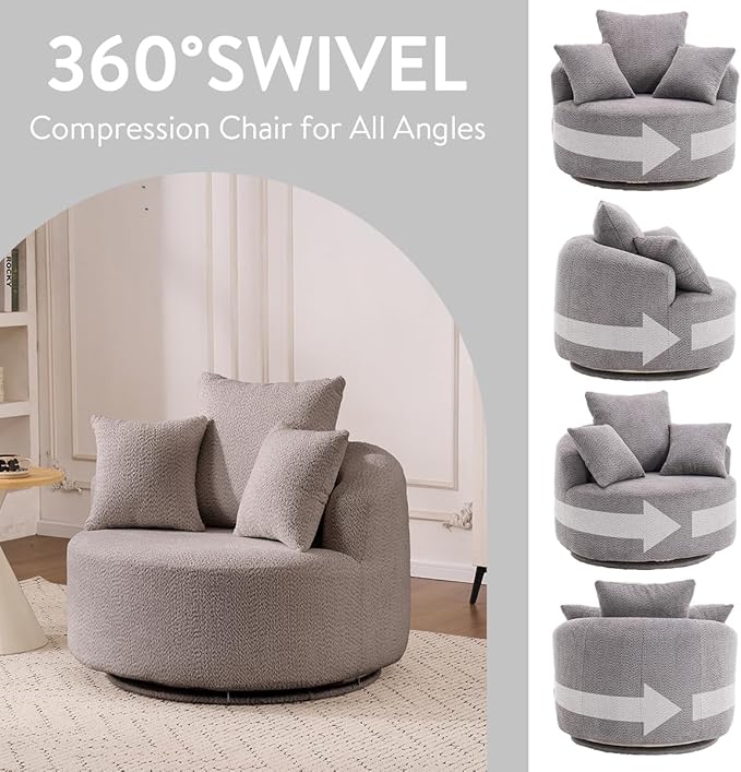 Oversized Swivel Accent Barrel Chair Comfy Deep Seat Round Single Sofa with Pillows Oversized Swivel Round Armchair Full Sponge Compression Chair for Living Room Bedroom (Grey 38 inch)