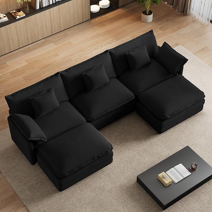 114 U Shaped Cloud Couch Sectionals Oversized Sectional Couches for Living Room Modular Couch Large Velvet Cloud Sofa with Movable Ottoman Black