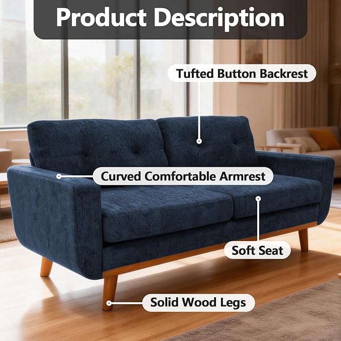 68“ Mid Century Modern Loveseat Sofa for Small Living Room Rraditional 2 Seater Couch for Office Apartment Bedroom Mini|Small|Vintage|Wood Frame|Chenille Fabric|600 LBS|Tufted (Grey Blue)