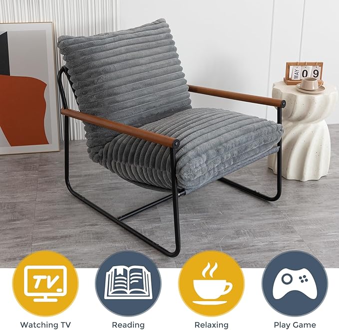 MAXYOYO Accent Chair Sherpa Arm Chair for Living Room Mid Century Modern Accent Chairs Boucle Reading Bedroom Chair Teddy Armchair Wooden Arms Metal Frame