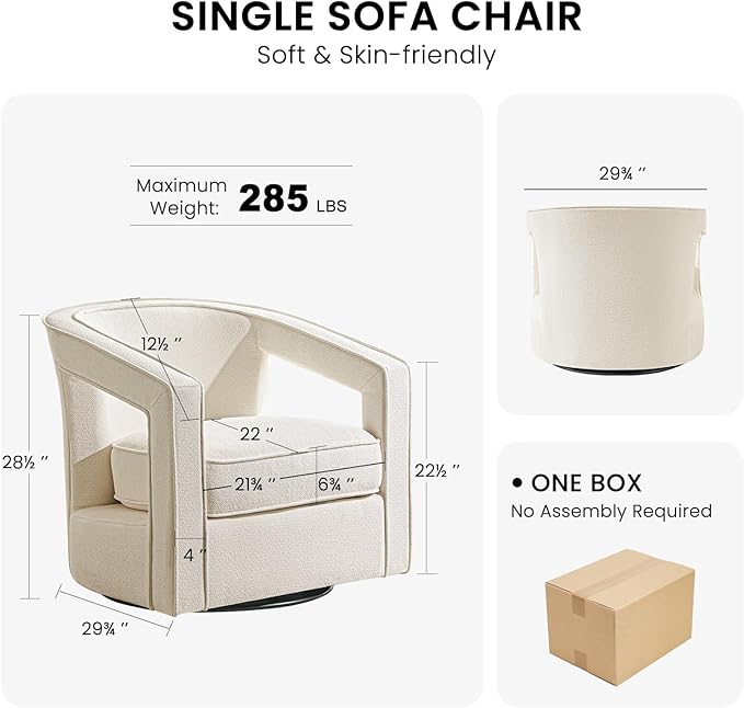 Furniliving Chenille Swivel Accent Chair for Living Room Upholstered Barrel Chair with Curved Back Comfortable Reading Chair for Bedroom Balcany Home Office White