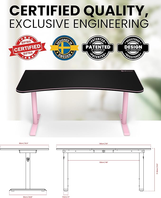 Arozzi Arena Large Gamer Desk - 63x32” Adjustable Height PC Gaming Desk with Storage for Cables &amp Triple-Monitor Support - Full-Surface Washable Mousepad - Pink