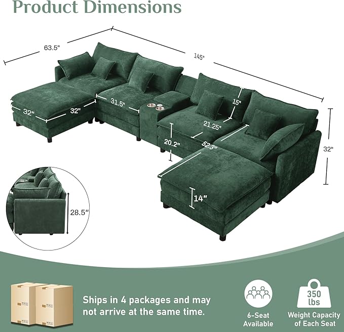 145 Oversized Modular Sectional Sofa U Shaped Cloud Couch Modern 6 Seat Sofa Set for Living Room Comfy Chenille Deep Seat with Storage Central Console Movable Ottomans Cup Holders USB Ports Green