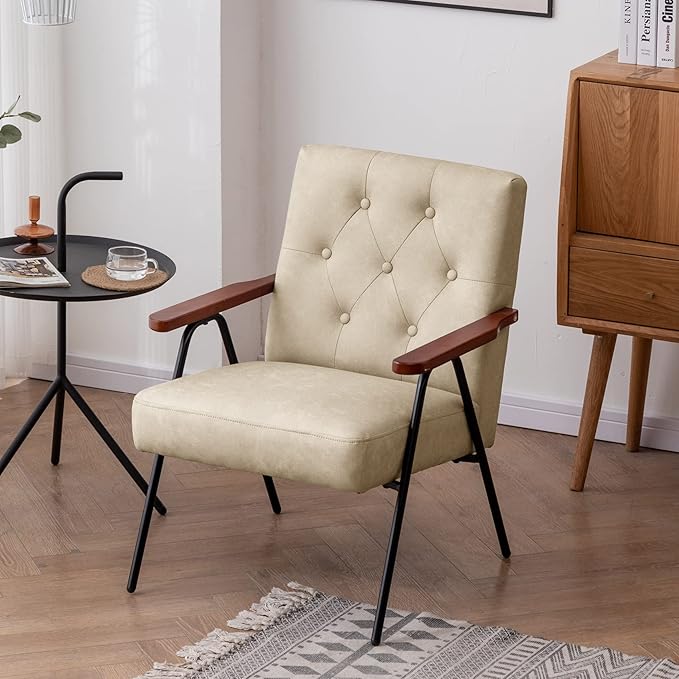 UNICOO - Modern Accent Chairs Mid-Century Armchair Living Room Chairs Leisure Chair with Metal Legs Reception Side Chairs (ZKL-222K-Beige)