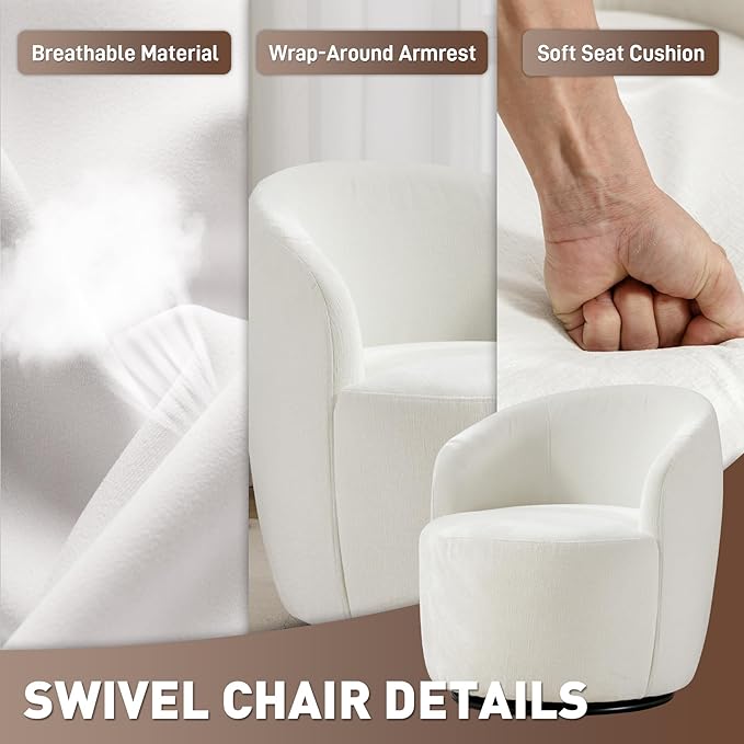 Swivel Barrel Chair Modern Comfy Boucle Swivel Accent Chair Comfy Chenille Round Armchair Small Upholstered Reading Lounge Chair for Living Room Bedroom Office Club Ivory Chenille