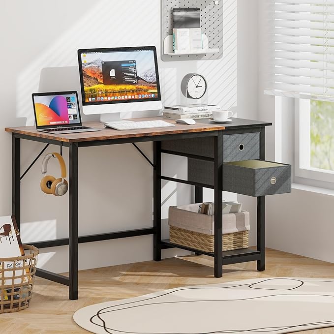 Tangkula 48-Inch Computer Desk with 2 Drawers Modern Home Office Desk with Hanging Hook &amp Storage Shelf Multipurpose Writing Desk for Study Bedroom (Rustic Brown 48)