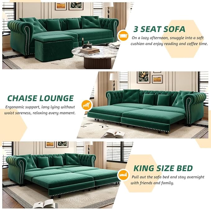 Queen Sleeper Sofa Bed with Movable Ottoman 3 in 1 Convertible Sectional with Pull Out Bed with Mattress Comfy Velvet Tufted Chesterfield Sofa Mid Century Modern Couches Living Room (Emerald Green)