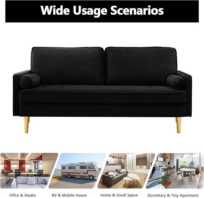 65 Love Seat Sofa Velvet Small Sofa Small Couch for Bedroom Living Room Bedroom Loveseat with 2 Pillows Gold Legs Modern Tufted Seat Upholstered Seating for Office Apartment (Black)