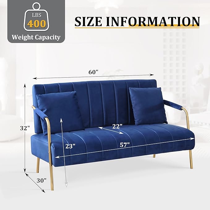 Dolonm 60 Velvet Loveseat Sofa 2 Seater Upholstered Sofa Couch with 2 Pillows Mid Centry Pleated Velvet Sofa with Gold Metal Legs Sofa for Small Space Apartment Office Bedroom