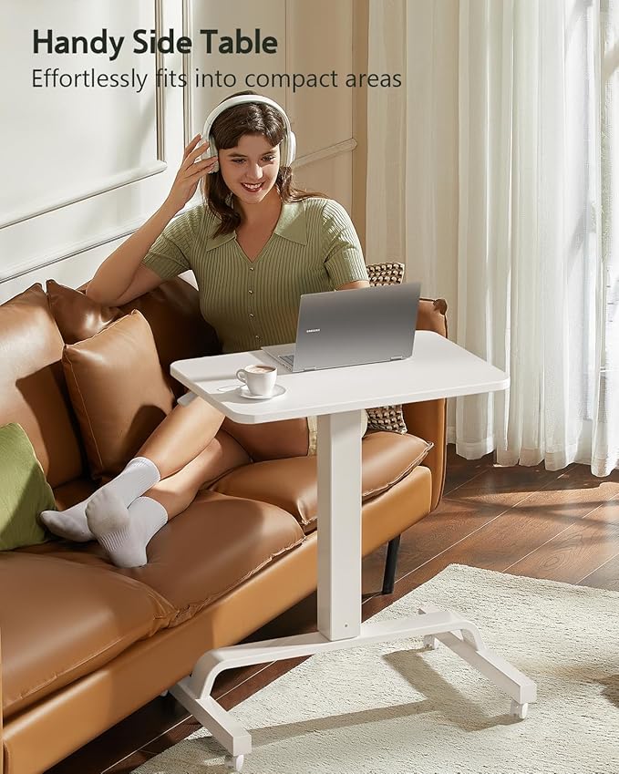 KINGSMITH Height Adjustable Mobile Standing Desk with 360° Swivel Casters 29-45 Pneumatic Rolling Desk on Wheels Perfect for Home Office Bedroom Living Room White