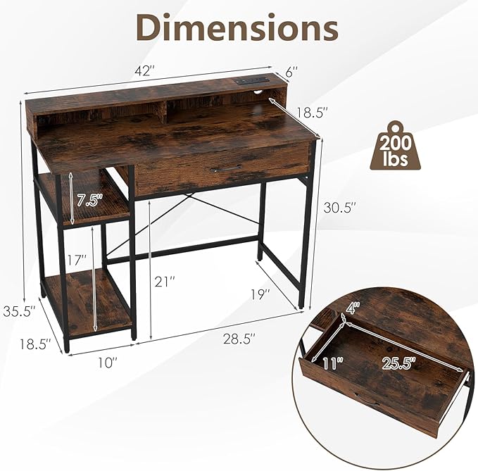 Tangkula Small Computer Desk with Power Outlets 42 Writing Desk with Hutch Drawer &amp 2 Open Shelves Gaming Table with Heavy-Duty Metal Frame for Home Office (Rustic Brown)