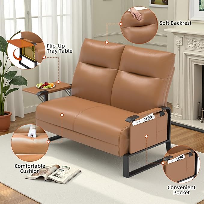 Faux Leather Sectional Couches for Living Room 3 Piece Loveseat and Chair Set with Flip Up Tray Tables Side Pockets Modern Modular Sectional Sofa for Office 2-Seat+1-Seat+1-Seat Brown